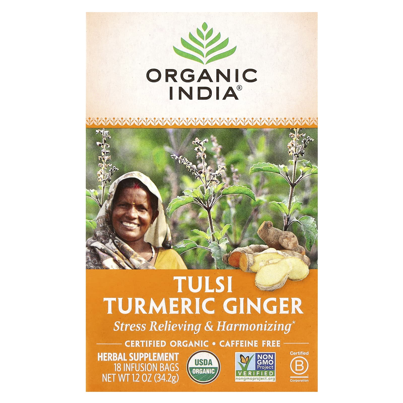 Куркума Organic India Tulsi Ginger Tea, без кофеина, оттенок 18 Infusion Bags, 34.2 г — фото 2