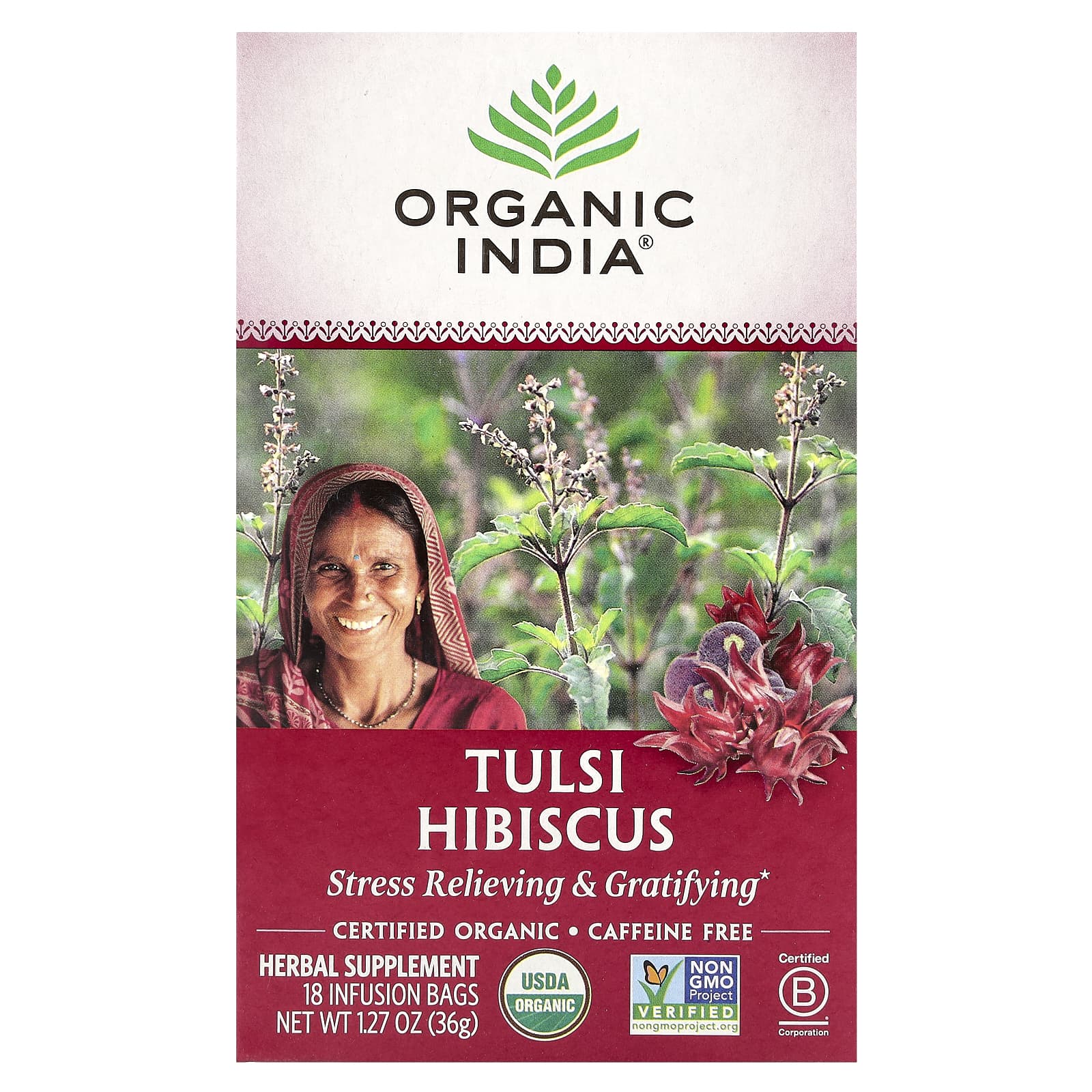 Чай Organic India Tulsi Hibiscus, без кофеина, оттенок 18 Infusion Bags, 36 г — фото 2