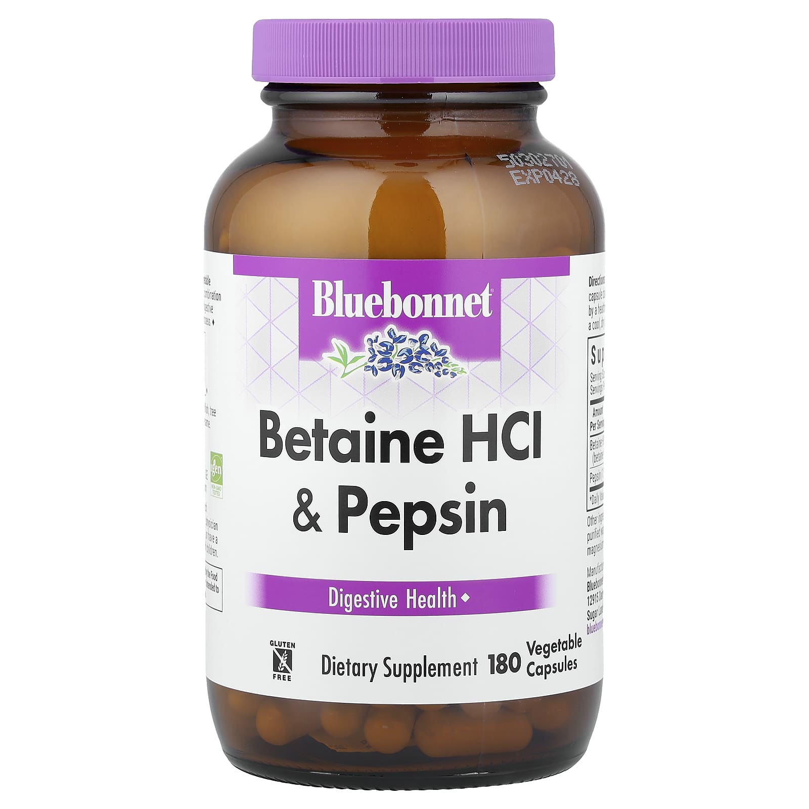 Бетаин HCl Bluebonnet Nutrition & Pepsin, 180 растительных капсул