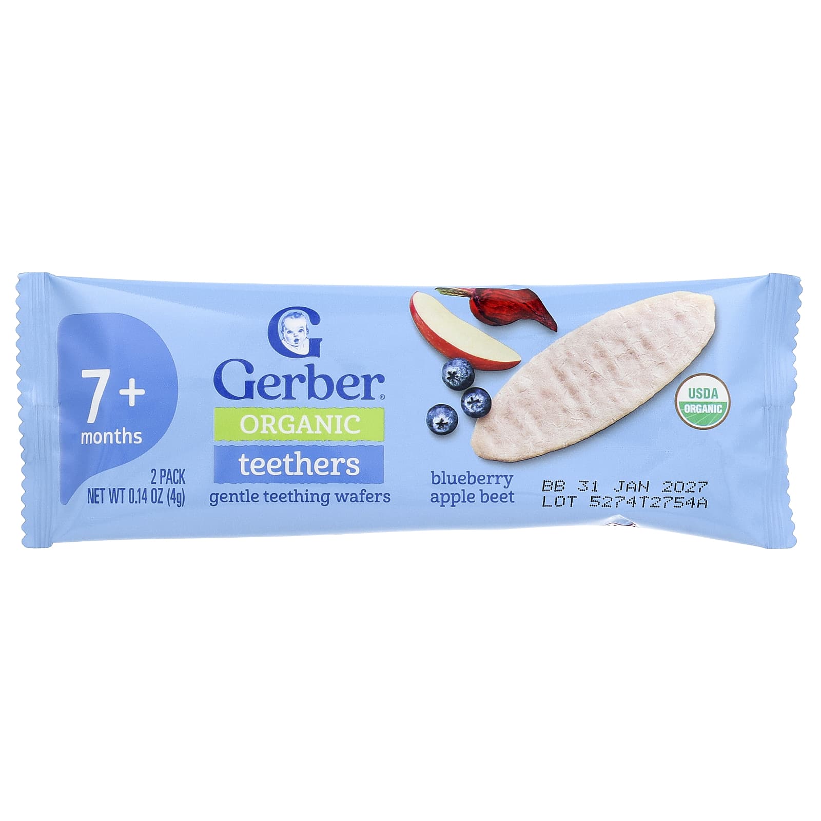 Вафли для прорезывания зубов Gerber Organic Teethers Gentle 7+ Months 12 Individually Wrapped 2-Packs, вкус Blueberry Apple Beet, 4 г — фото 4