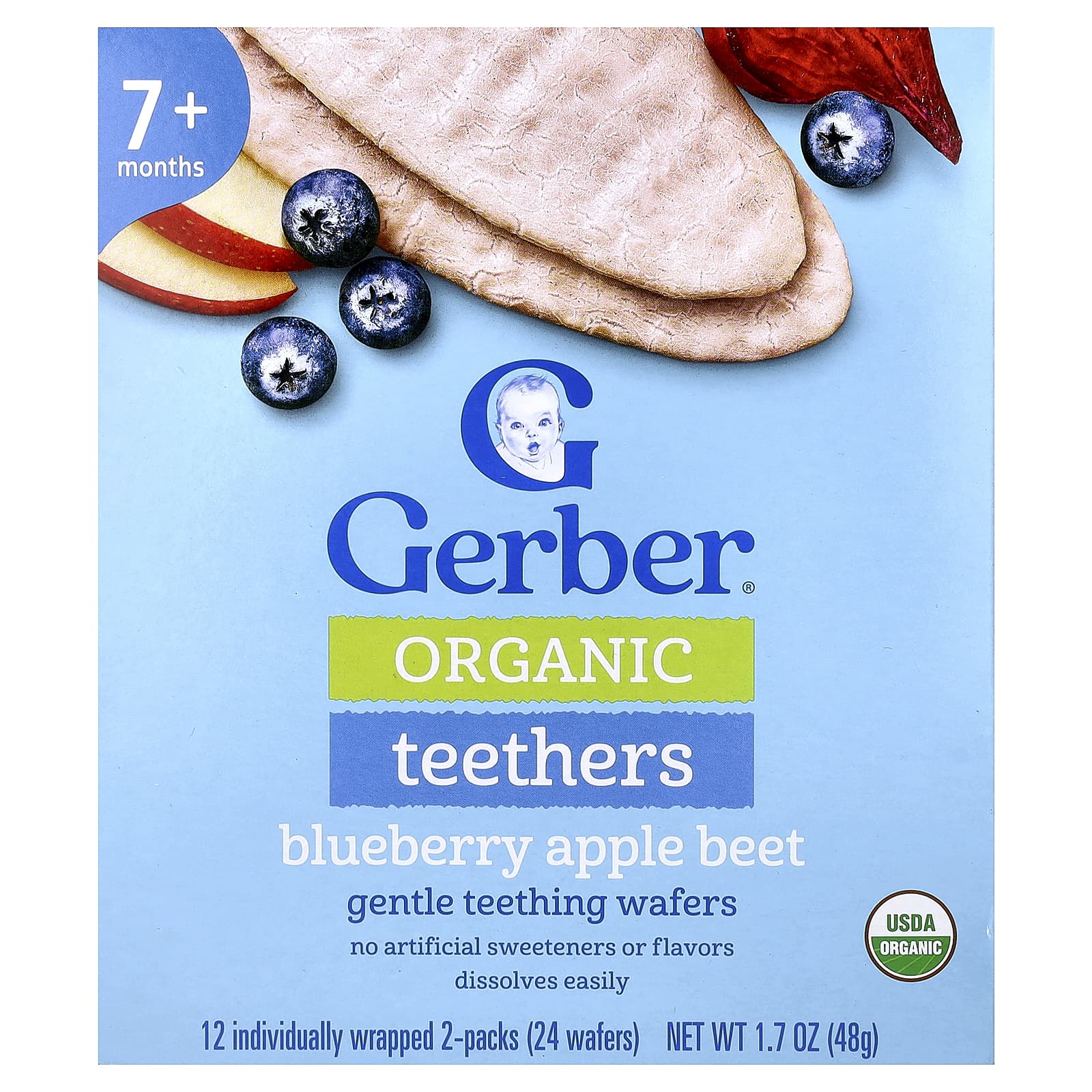 Вафли для прорезывания зубов Gerber Organic Teethers Gentle 7+ Months 12 Individually Wrapped 2-Packs, вкус Blueberry Apple Beet, 4 г — фото 5