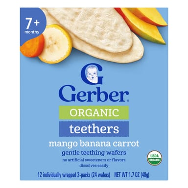 Вафли для прорезывания зубов Gerber Organic Teethers Gentle 7+ Months 12 Individually Wrapped 2-Packs, вкус Mango Banana Carrot, 4 г