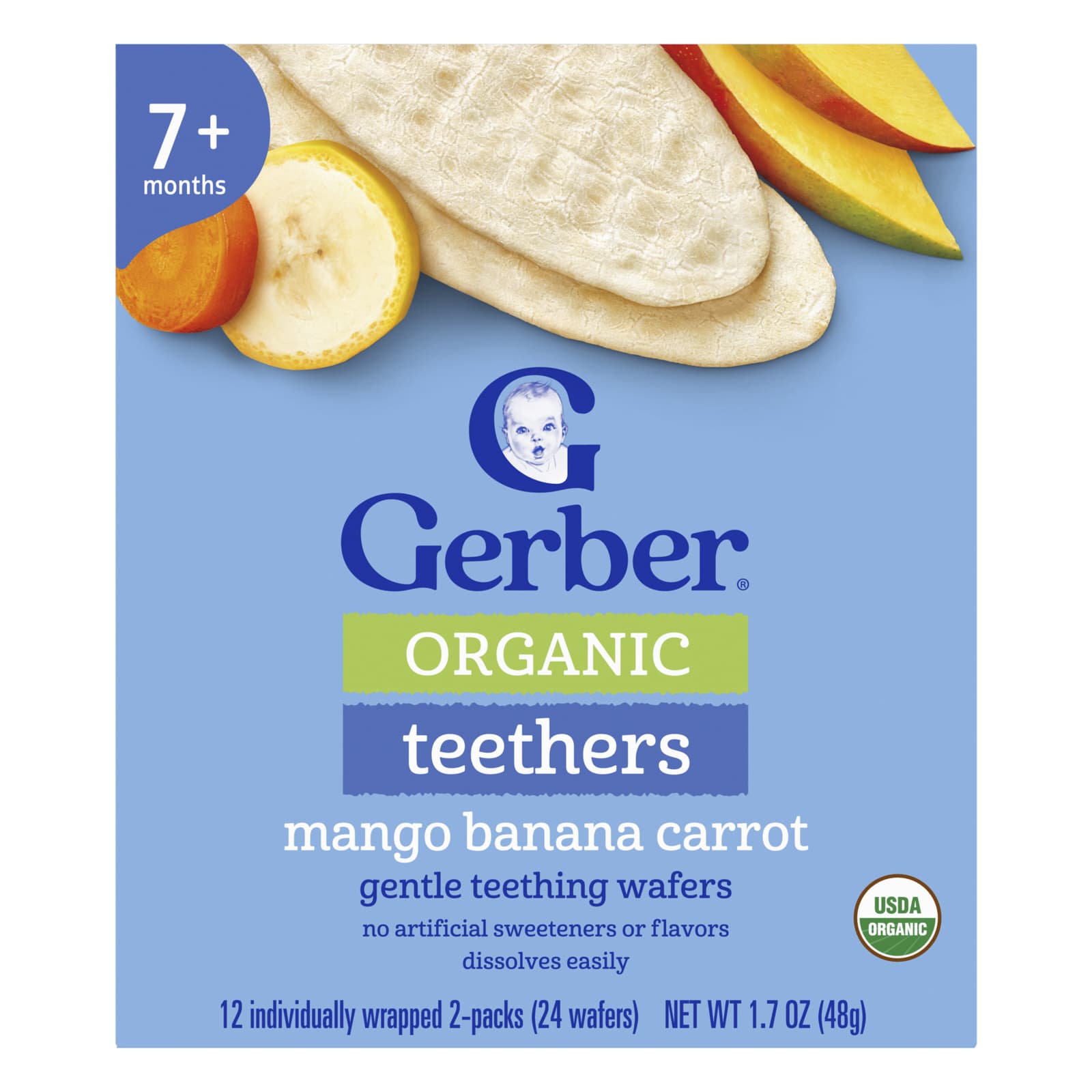 Вафли для прорезывания зубов Gerber Organic Teethers Gentle 7+ Months 12 Individually Wrapped 2-Packs, вкус Mango Banana Carrot, 4 г