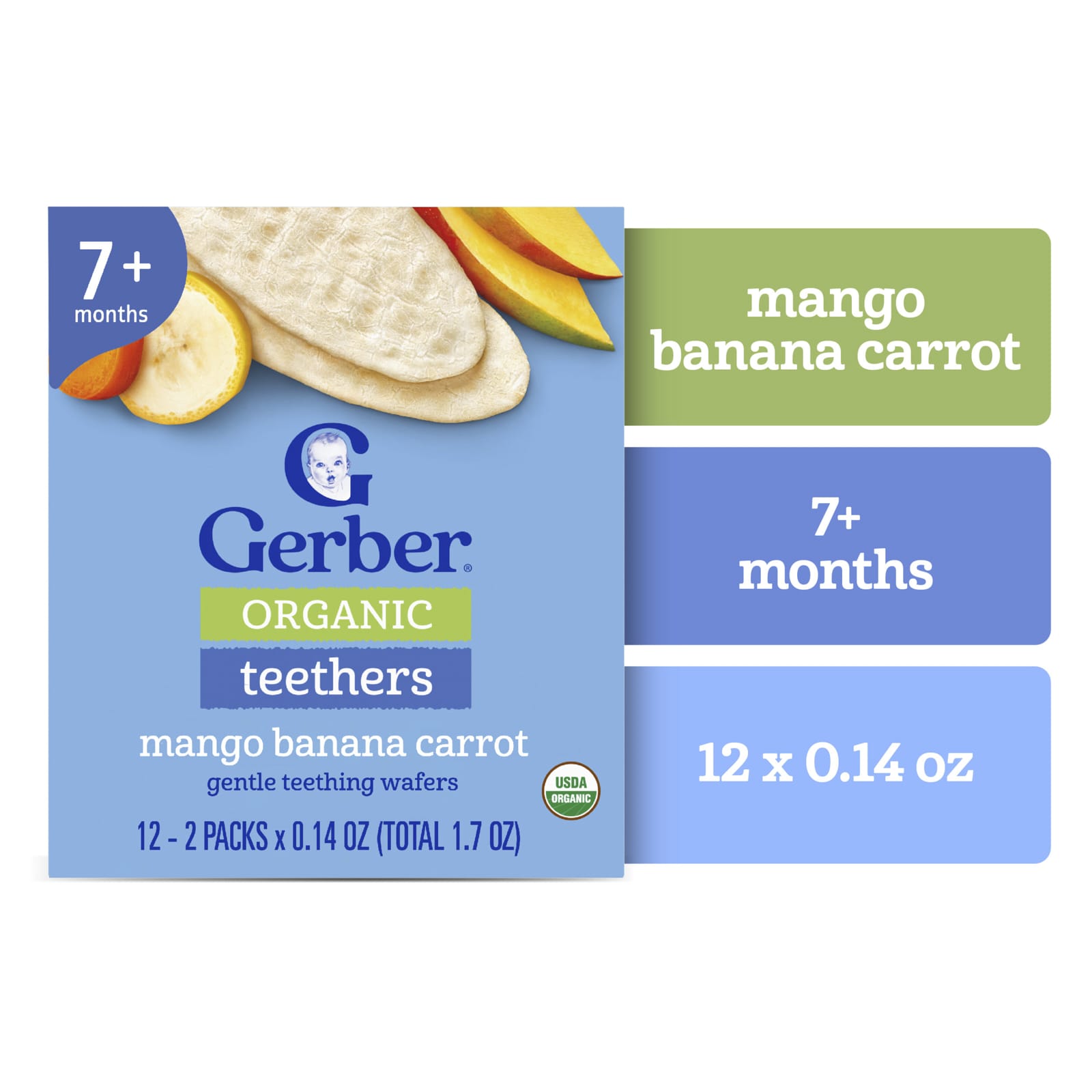 Вафли для прорезывания зубов Gerber Organic Teethers Gentle 7+ Months 12 Individually Wrapped 2-Packs, вкус Mango Banana Carrot, 4 г — фото 4