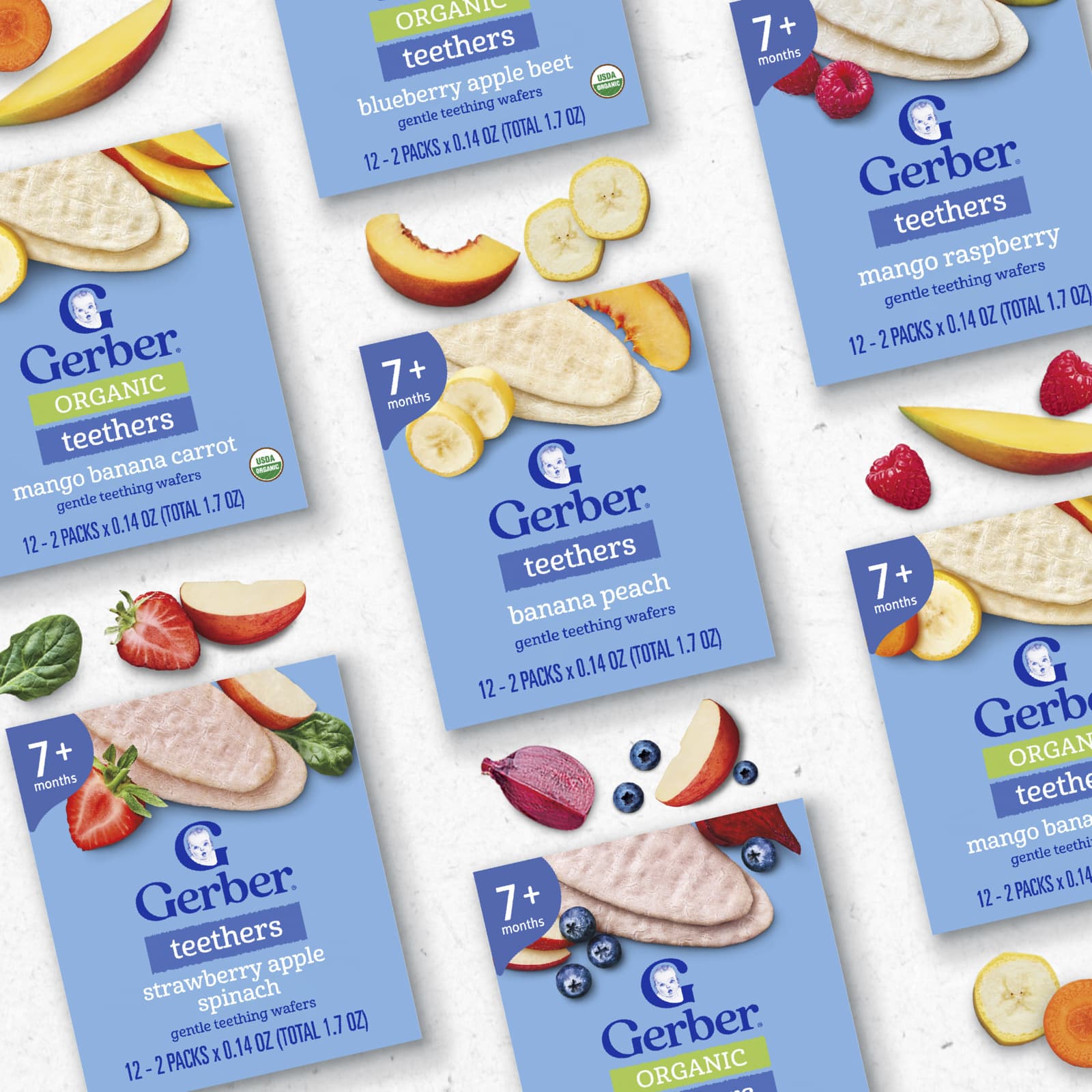 Вафли для прорезывания зубов Gerber Organic Teethers Gentle 7+ Months 12 Individually Wrapped 2-Packs, вкус Mango Banana Carrot, 4 г — фото 6