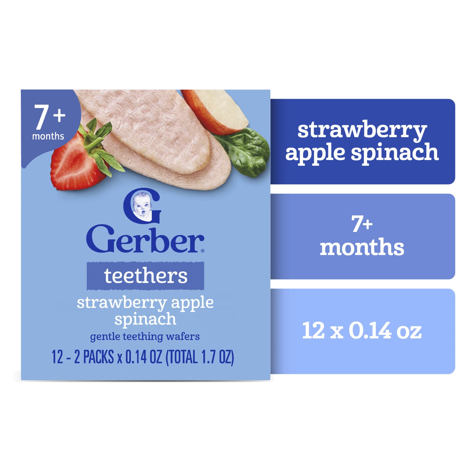 Вафли для прорезывания зубов Gerber Teethers Gentle 7+ Months 12 Individually Wrapped 2-Packs, вкус Strawberry Apple Spinach, 4 г