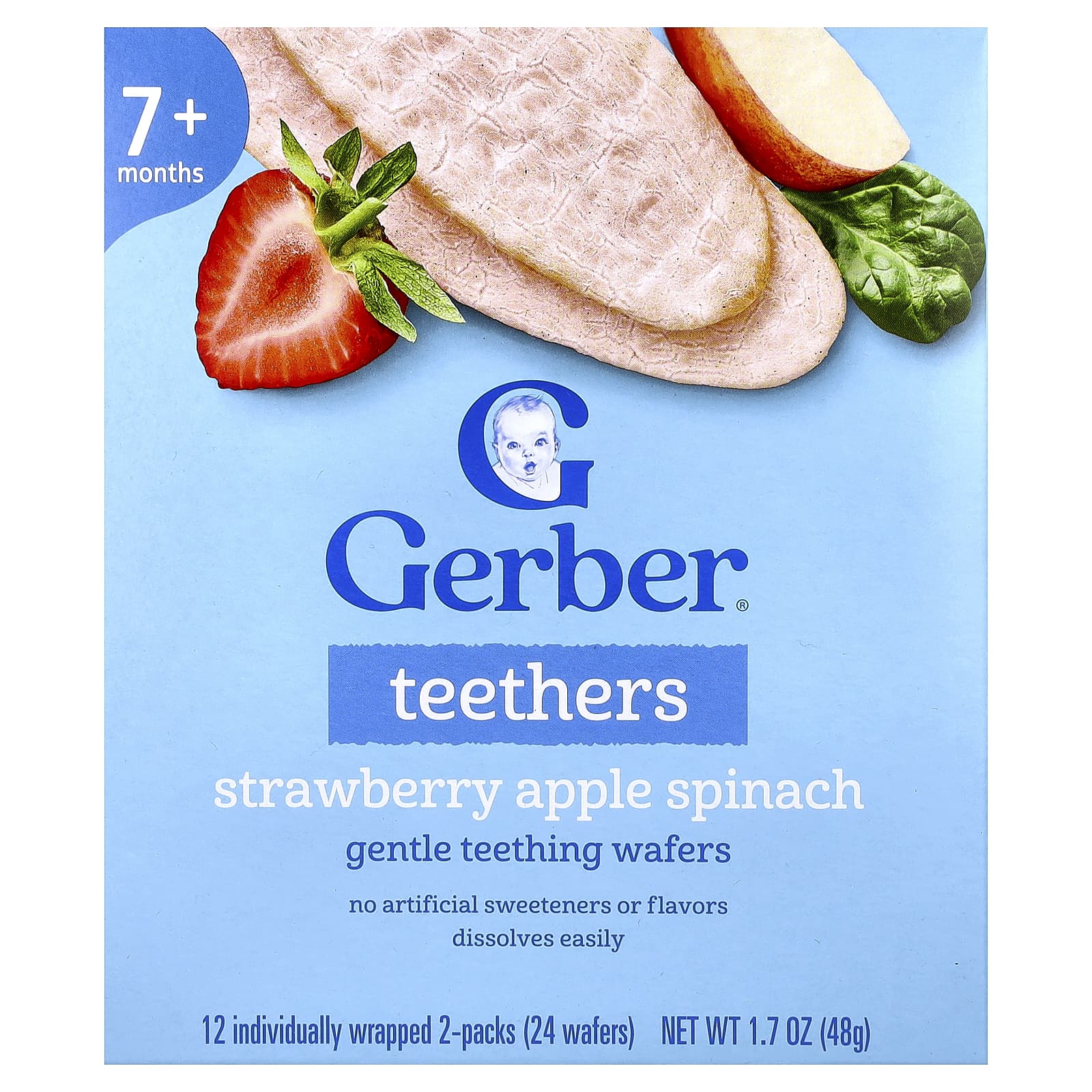 Вафли для прорезывания зубов Gerber Teethers Gentle 7+ Months 12 Individually Wrapped 2-Packs, вкус Strawberry Apple Spinach, 4 г — фото 5