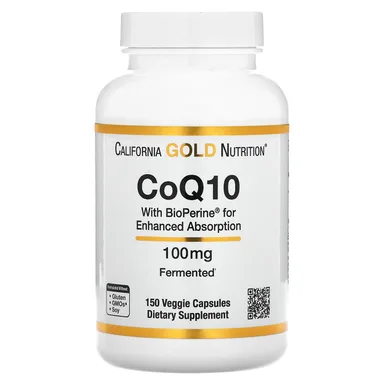 Фото товара: Коэнзим Q10 California Gold Nutrition Ubiquinone USP with Bioperine® Black Pepper Extract Enhanced Bioavailability, 100 мг, 150 растительных капсул
