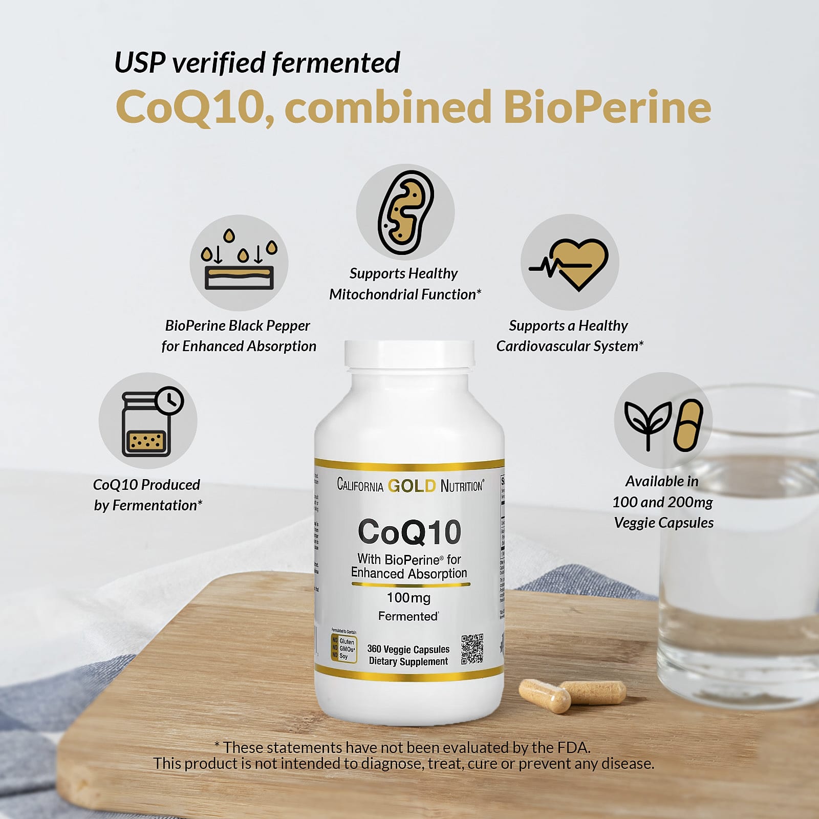 Коэнзим Q10 California Gold Nutrition Ubiquinone USP with Bioperine® Black Pepper Extract Enhanced Bioavailability, 100 мг, 150 растительных капсул — фото 4