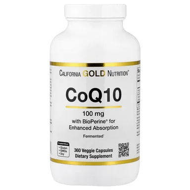 Фото товара: Коэнзим Q10 California Gold Nutrition Ubiquinone USP with Bioperine® Black Pepper Extract Enhanced Bioavailability, 100 мг, 360 растительных капсул