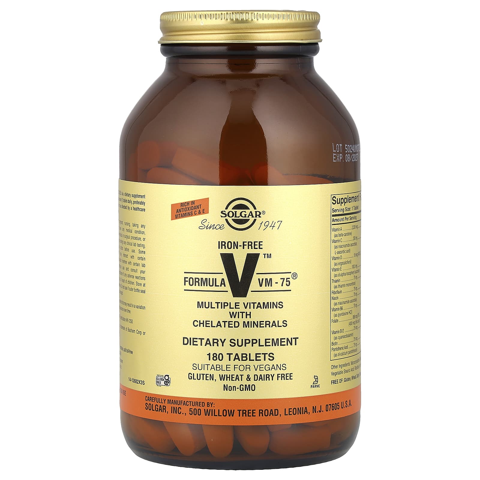 Минерал Solgar Formula V™ VM-75® Multiple Vitamins with Chelated Iron-Free, 180 таблеток