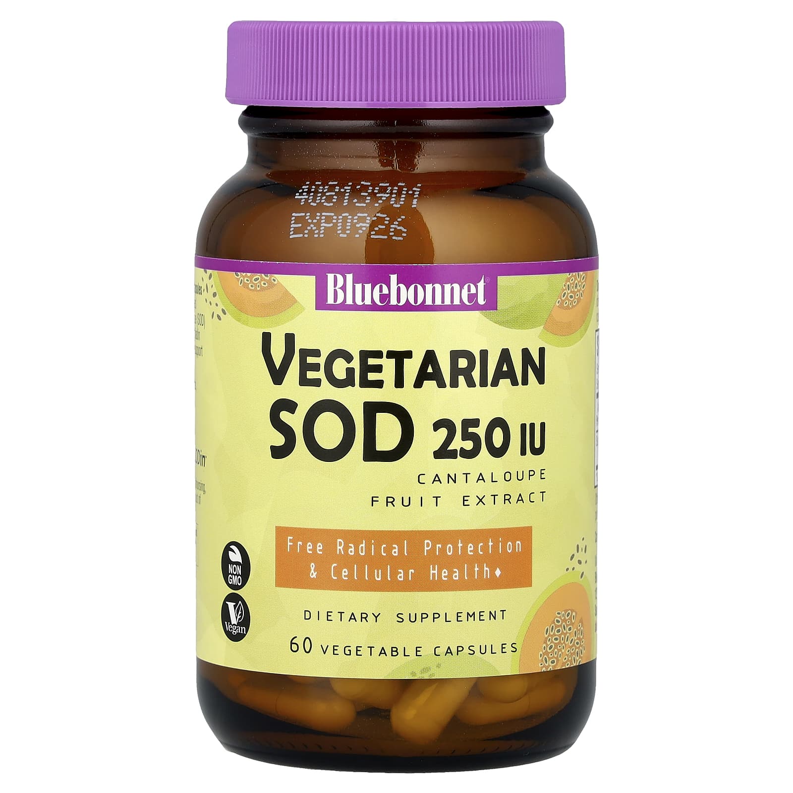 SOD (супероксиддисмутаза) Bluebonnet Nutrition Cantaloupe Fruit Extract, 250 МЕ, 60 растительных капсул