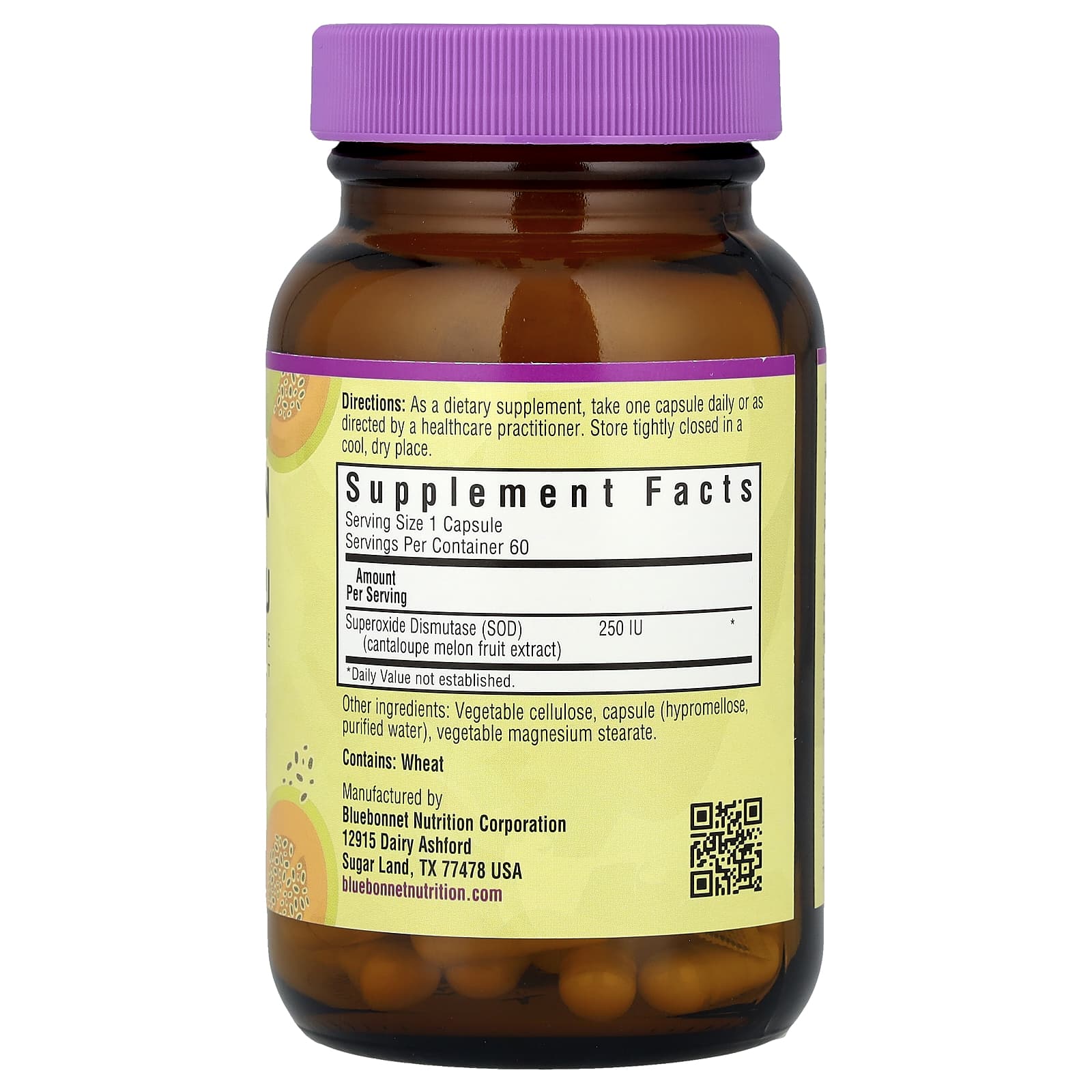 SOD (супероксиддисмутаза) Bluebonnet Nutrition Cantaloupe Fruit Extract, 250 МЕ, 60 растительных капсул — фото 2