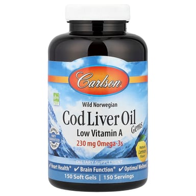 Масло печени трески Carlson Wild Norwegian Gems Low Vitamin A, вкус Natural Lemon, 150 мягких капсул