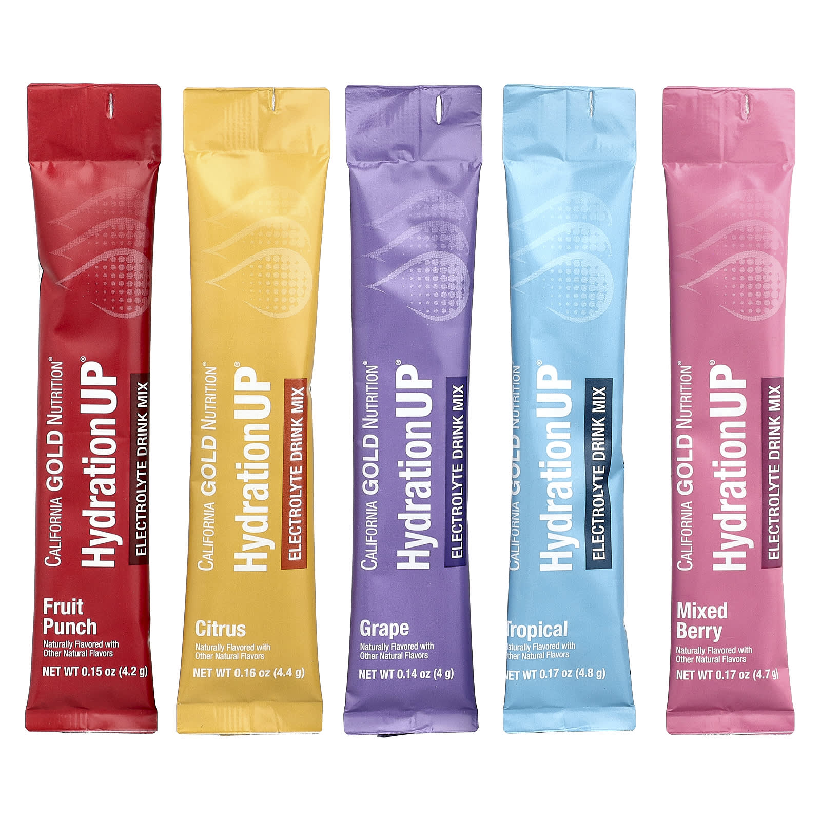 Витамины California Gold Nutrition HydrationUP® Electrolyte Drink Mix with Calcium Lactate C & E Variety Pack, оттенок 20 Packets, 4 г, 4.8 г, 0.14 унций, 0.17 унций, смесь для напитка — фото 3
