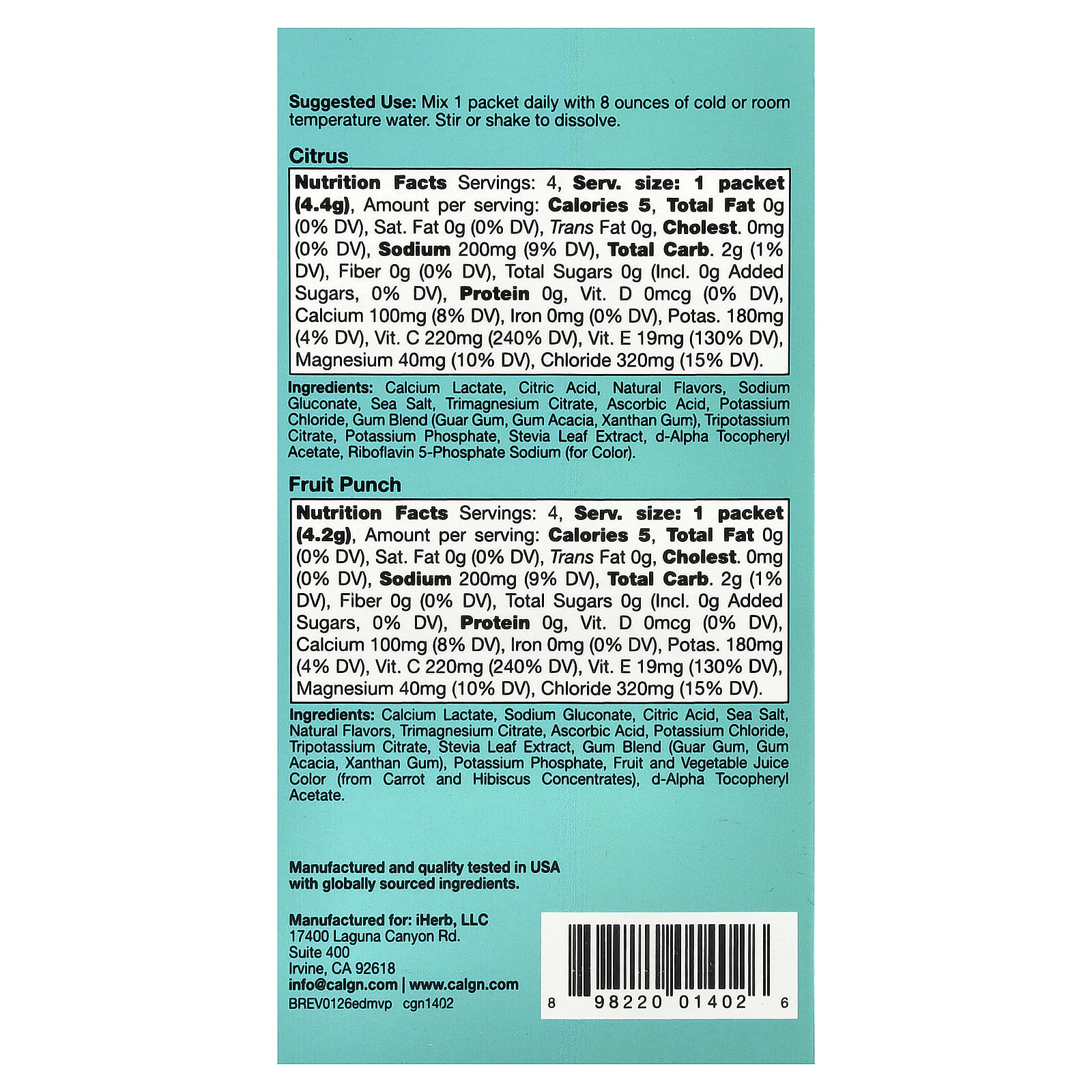 Витамины California Gold Nutrition HydrationUP® Electrolyte Drink Mix with Calcium Lactate C & E Variety Pack, оттенок 20 Packets, 4 г, 4.8 г, 0.14 унций, 0.17 унций, смесь для напитка — фото 5