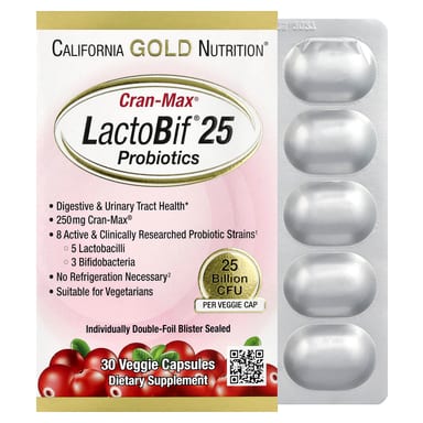 Пробиотик California Gold Nutrition CranMax® LactoBif®, 25 млрд КОЕ, 30 растительных капсул