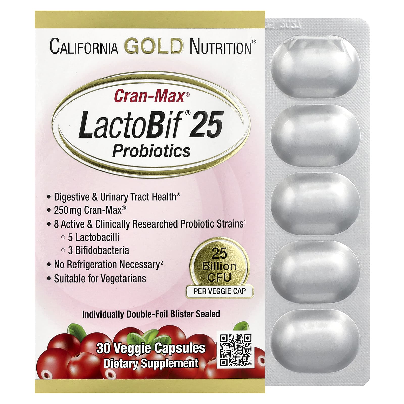 Пробиотик California Gold Nutrition CranMax® LactoBif®, 25 млрд КОЕ, 30 растительных капсул — фото 4