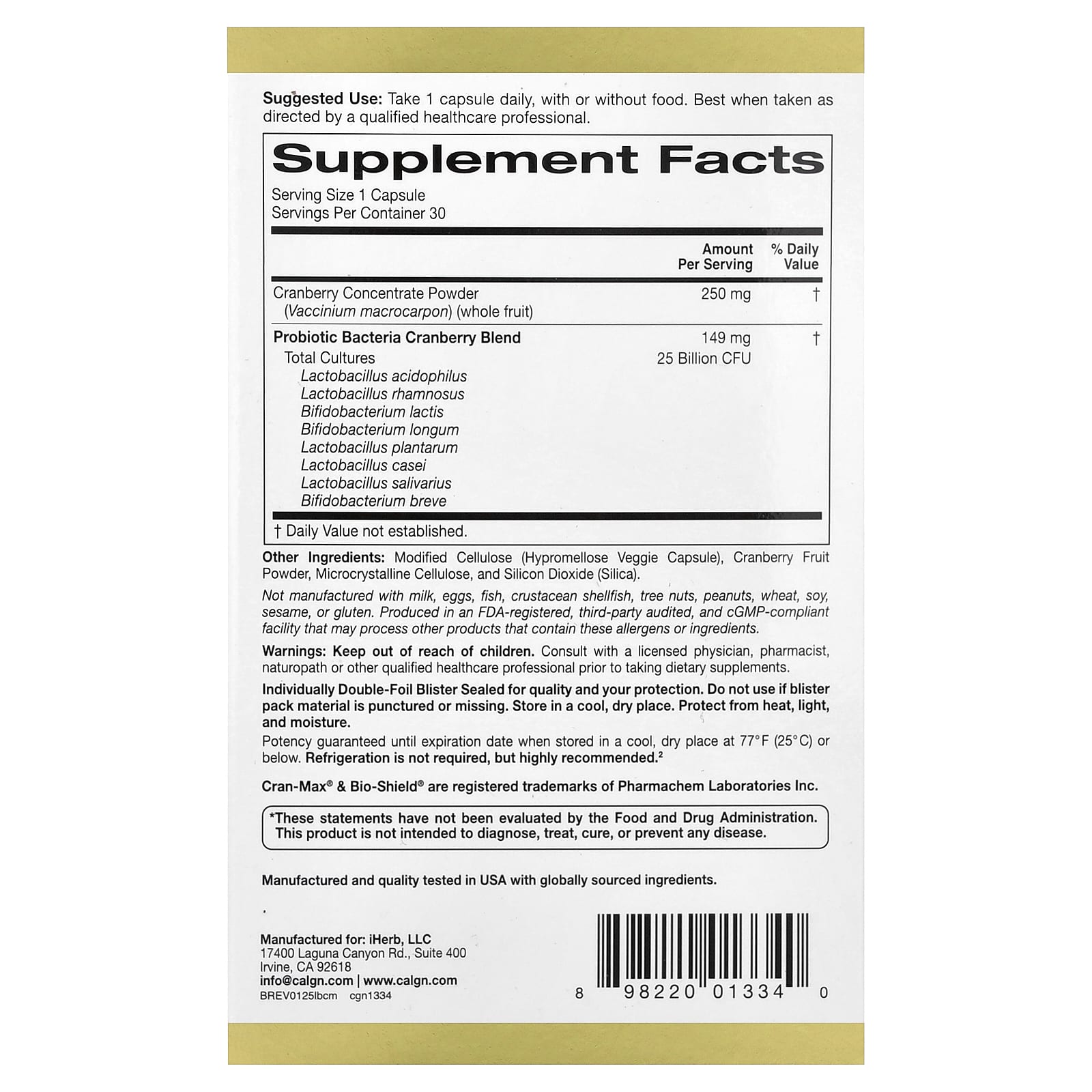 Пробиотик California Gold Nutrition CranMax® LactoBif®, 25 млрд КОЕ, 30 растительных капсул — фото 5