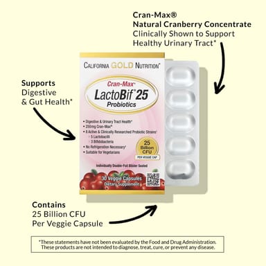Пробиотик California Gold Nutrition CranMax® LactoBif®, 25 млрд КОЕ, 30 растительных капсул