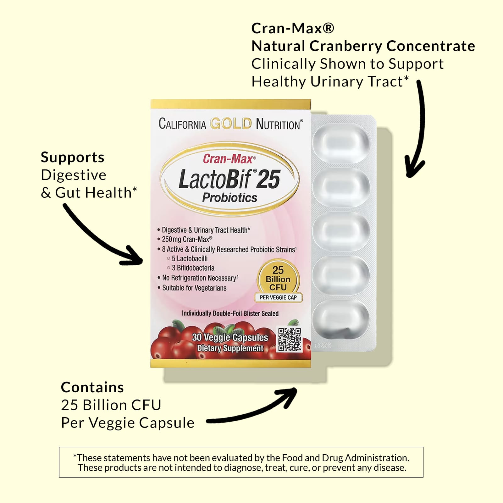 Пробиотик California Gold Nutrition CranMax® LactoBif®, 25 млрд КОЕ, 30 растительных капсул