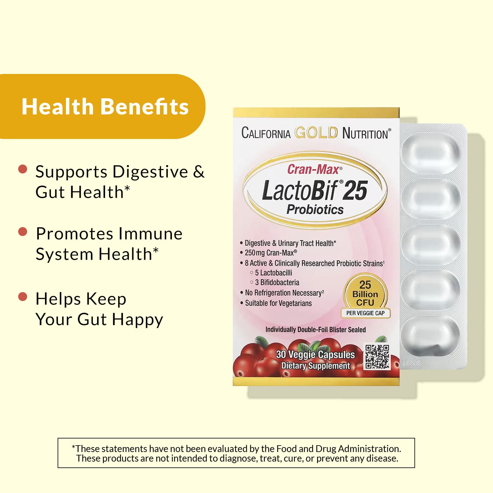 Пробиотик California Gold Nutrition CranMax® LactoBif®, 25 млрд КОЕ, 30 растительных капсул — фото 2
