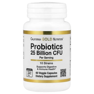 Бифидобактерии California Gold Nutrition Probiotics with Lactobacillus acidophilus lactis Lactobacillus plantarum and Lactobacillus casei, 10 Strain Blend, 25 млрд КОЕ, 60 растительных капсул