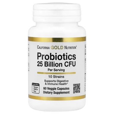 Фото товара: Бифидобактерии California Gold Nutrition Probiotics with Lactobacillus acidophilus lactis Lactobacillus plantarum and Lactobacillus casei, 10 Strain Blend, 25 млрд КОЕ, 60 растительных капсул