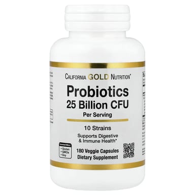 Бифидобактерии California Gold Nutrition Probiotics with Lactobacillus acidophilus lactis Lactobacillus plantarum and Lactobacillus casei, 10 Strain Blend, 25 млрд КОЕ, 180 растительных капсул