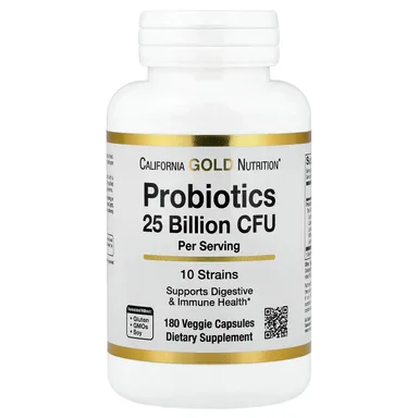Фото товара: Бифидобактерии California Gold Nutrition Probiotics with Lactobacillus acidophilus lactis Lactobacillus plantarum and Lactobacillus casei, 10 Strain Blend, 25 млрд КОЕ, 180 растительных капсул