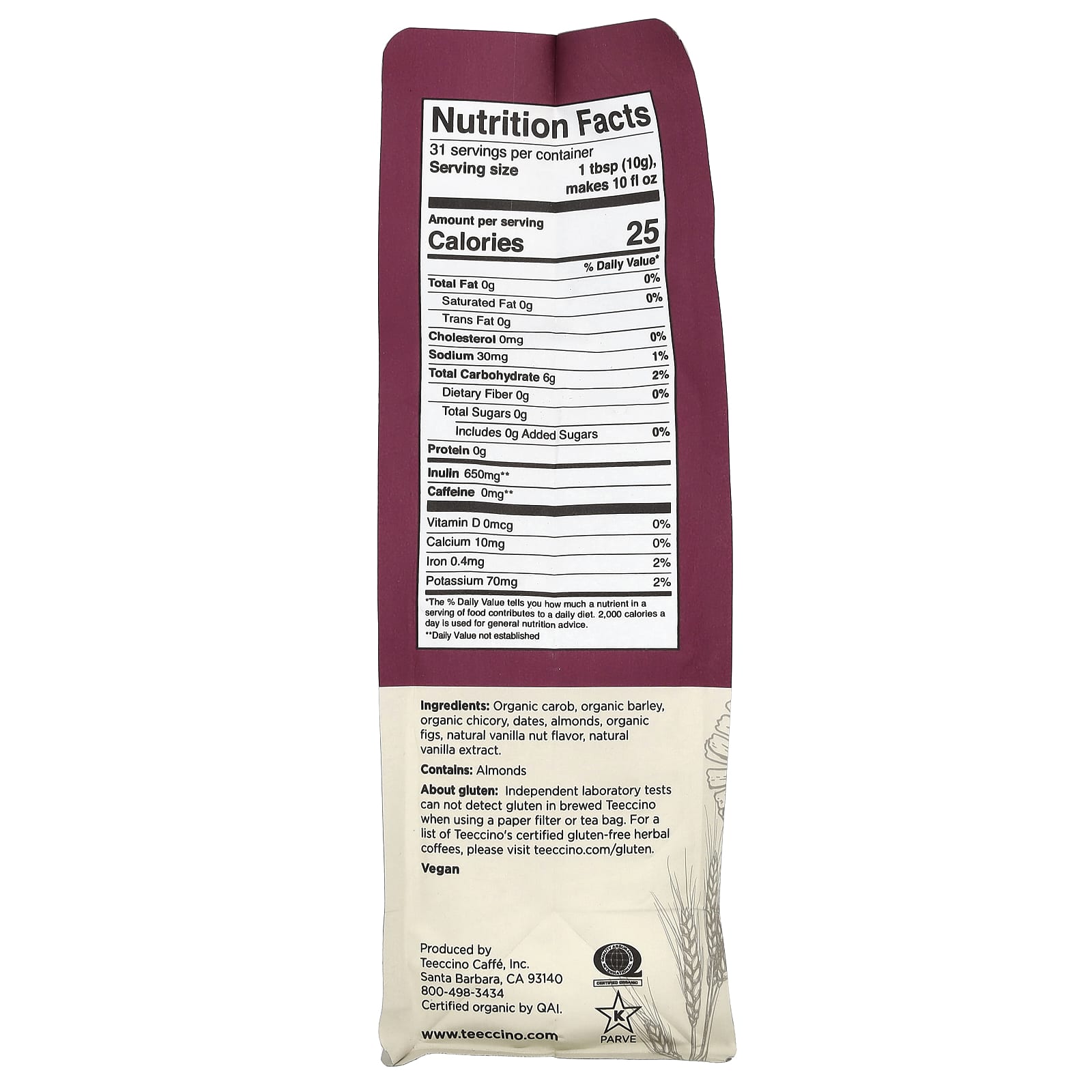 Кофе Teeccino Chicory Herbal Medium Roast, без кофеина, вкус Vanilla Nut, 312 г — фото 2