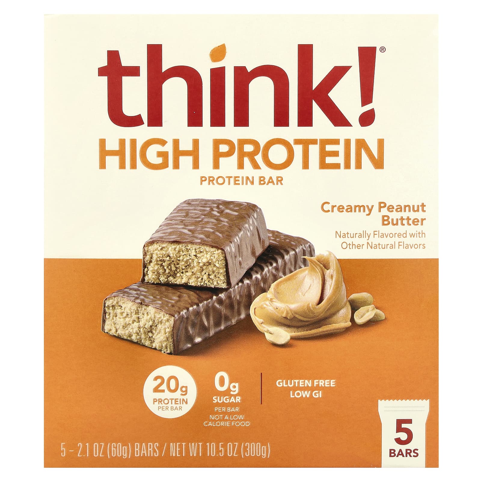 Арахисовая паста Think ! High Protein Bars Creamy, 60 г, 5 шт., батончик — фото 2