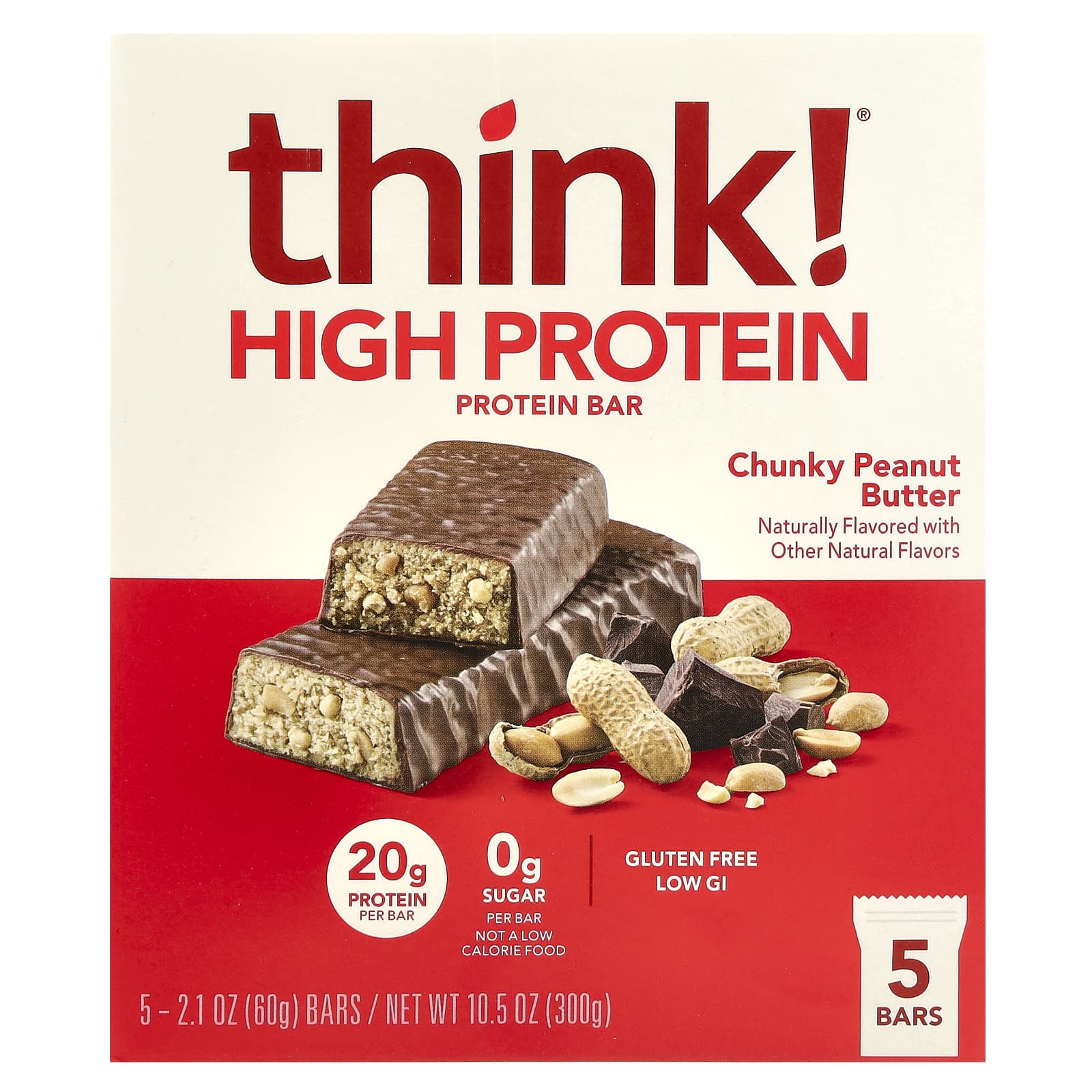 Арахисовая паста Think ! High Protein Bars Chunky, 60 г, 5 шт., батончик — фото 2
