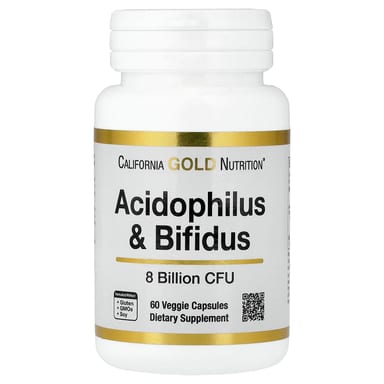 Бифидобактерии California Gold Nutrition Acidophilus and Bifidus Probiotic Blend with Lactobacillus acidophilus lactis and longum, 60 растительных капсул