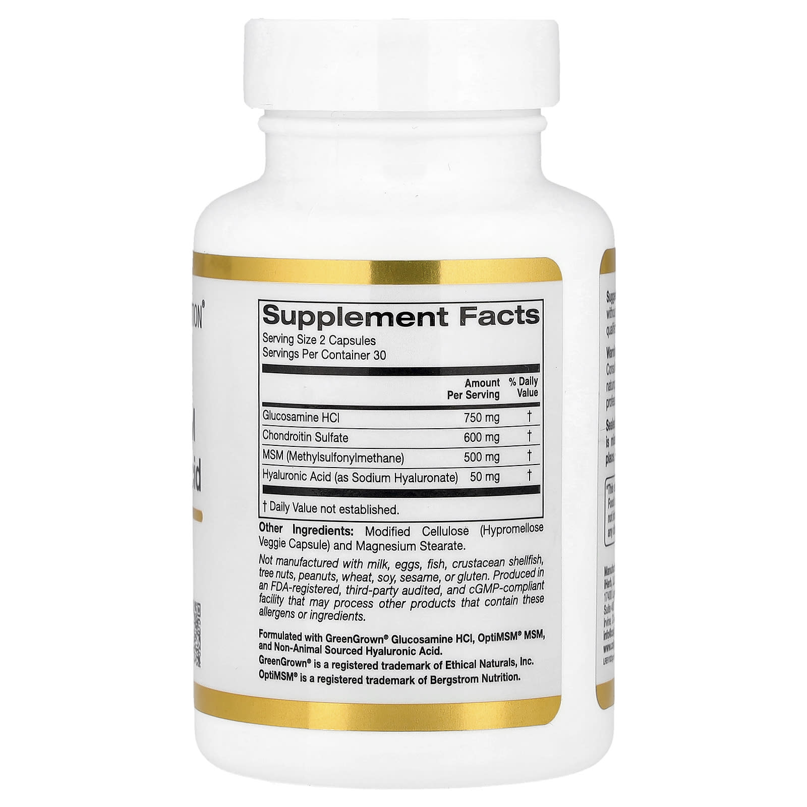 Гиалуроновая кислота California Gold Nutrition Glucosamine MSM plus, оттенок Chondroitin, 60 растительных капсул — фото 3