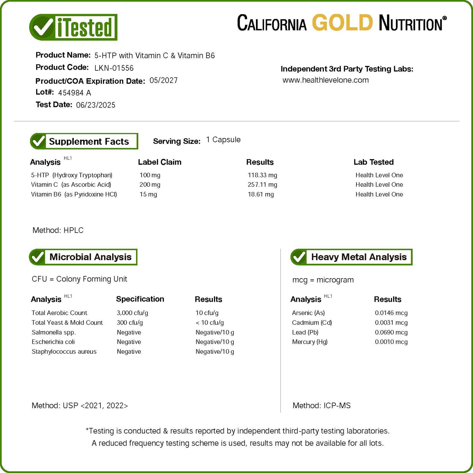 Витамин C California Gold Nutrition 5-HTP with Vitamin B6 &, 60 растительных капсул — фото 3
