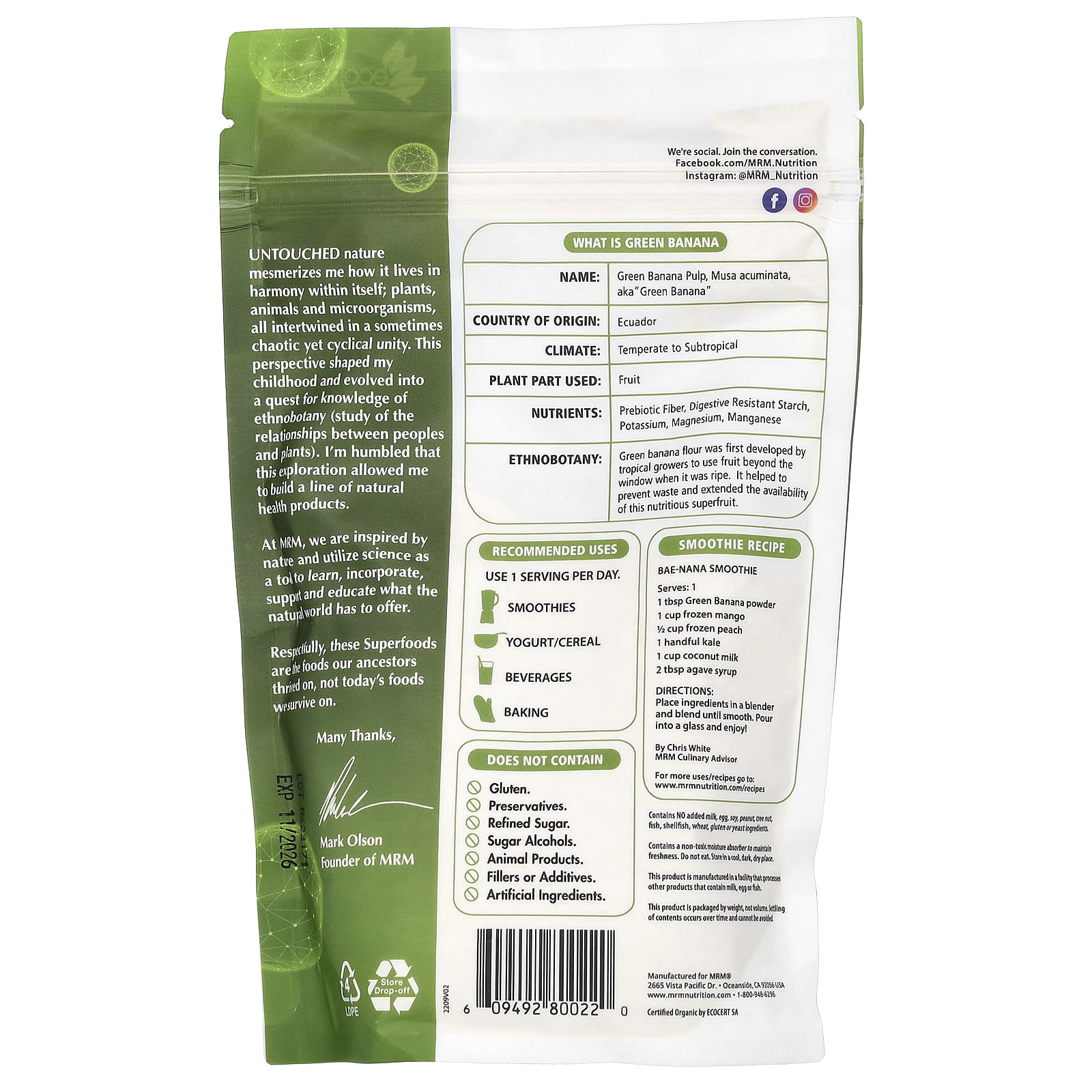 Порошок MRM Nutrition Organic Green Banana, 240 г — фото 2