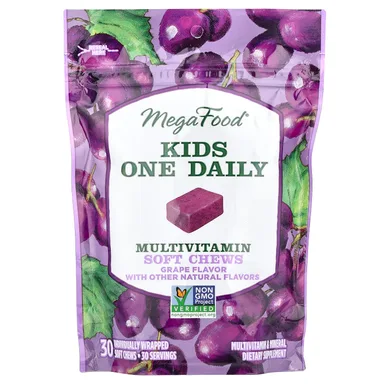 Фото товара: Мультивитамины MegaFood One Daily Soft Chews 30 Individually Wrapped Soft Chews, вкус «виноград», жевательные добавки