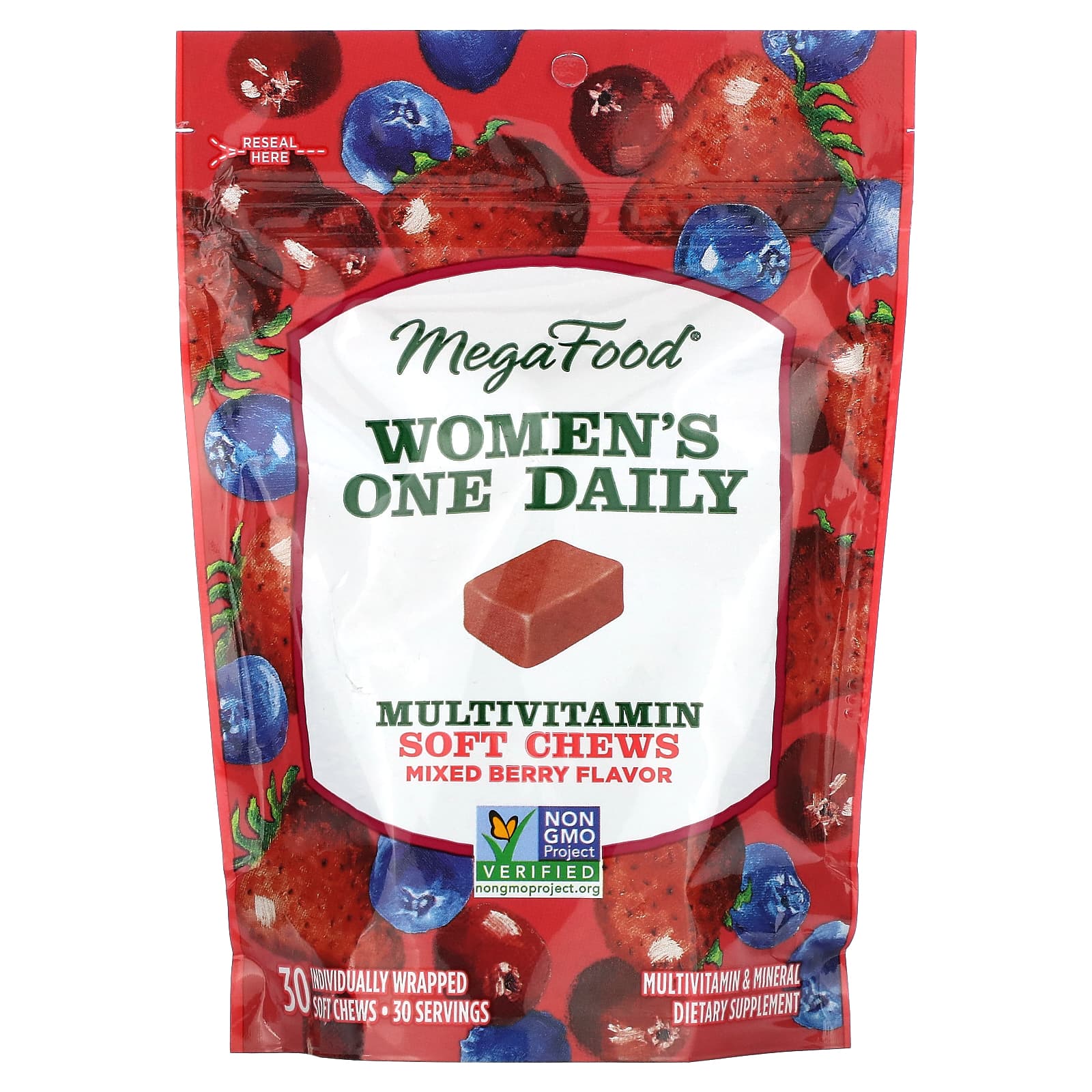 Мультивитамины MegaFood Women's One Daily 30 Individually Wrapped Soft Chews, вкус Mixed Berry, жевательные добавки — фото 2