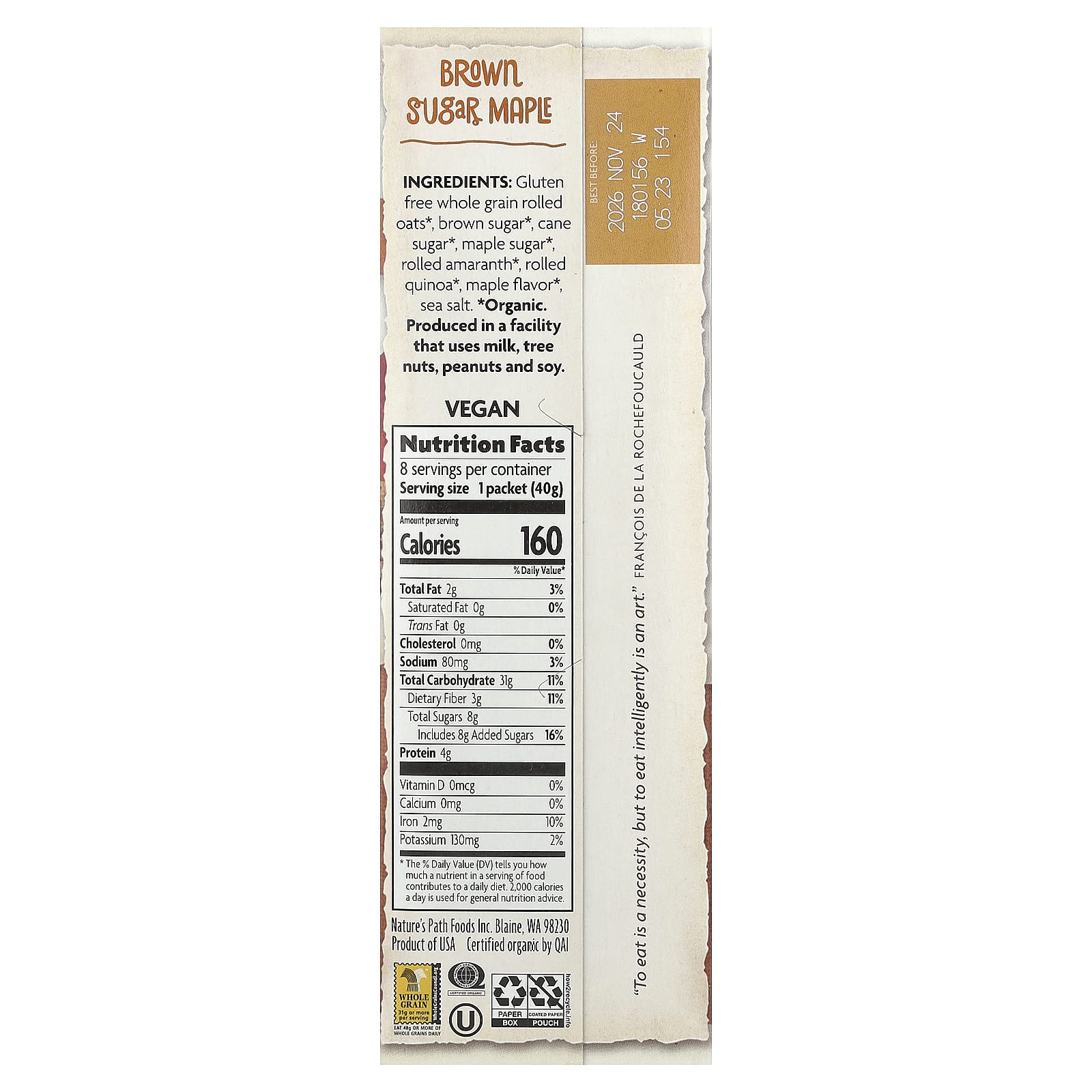 Овсянка Nature's Path Organic Instant Brown Sugar Maple 8 Packets, 320 г, саше — фото 2