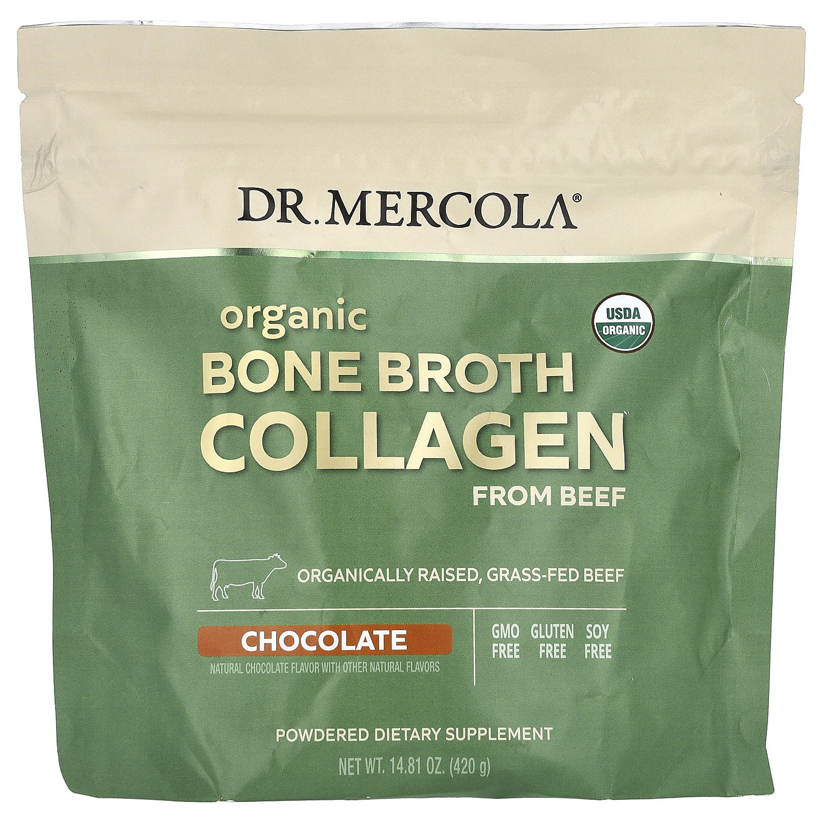 Шоколад Dr. Mercola Organic Bone Broth Collagen from Beef, вкус Chocolate, 420 г