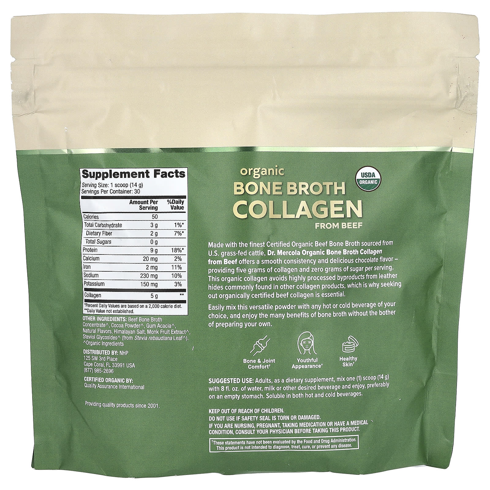 Шоколад Dr. Mercola Organic Bone Broth Collagen from Beef, вкус Chocolate, 420 г — фото 2