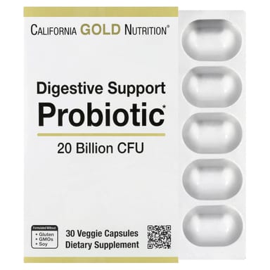 Лактобактерии California Gold Nutrition Digestive Support Probiotic Probiotic & Prebiotic Blend with rhamnosus GG 20 Billion CFUs, 30 растительных капсул