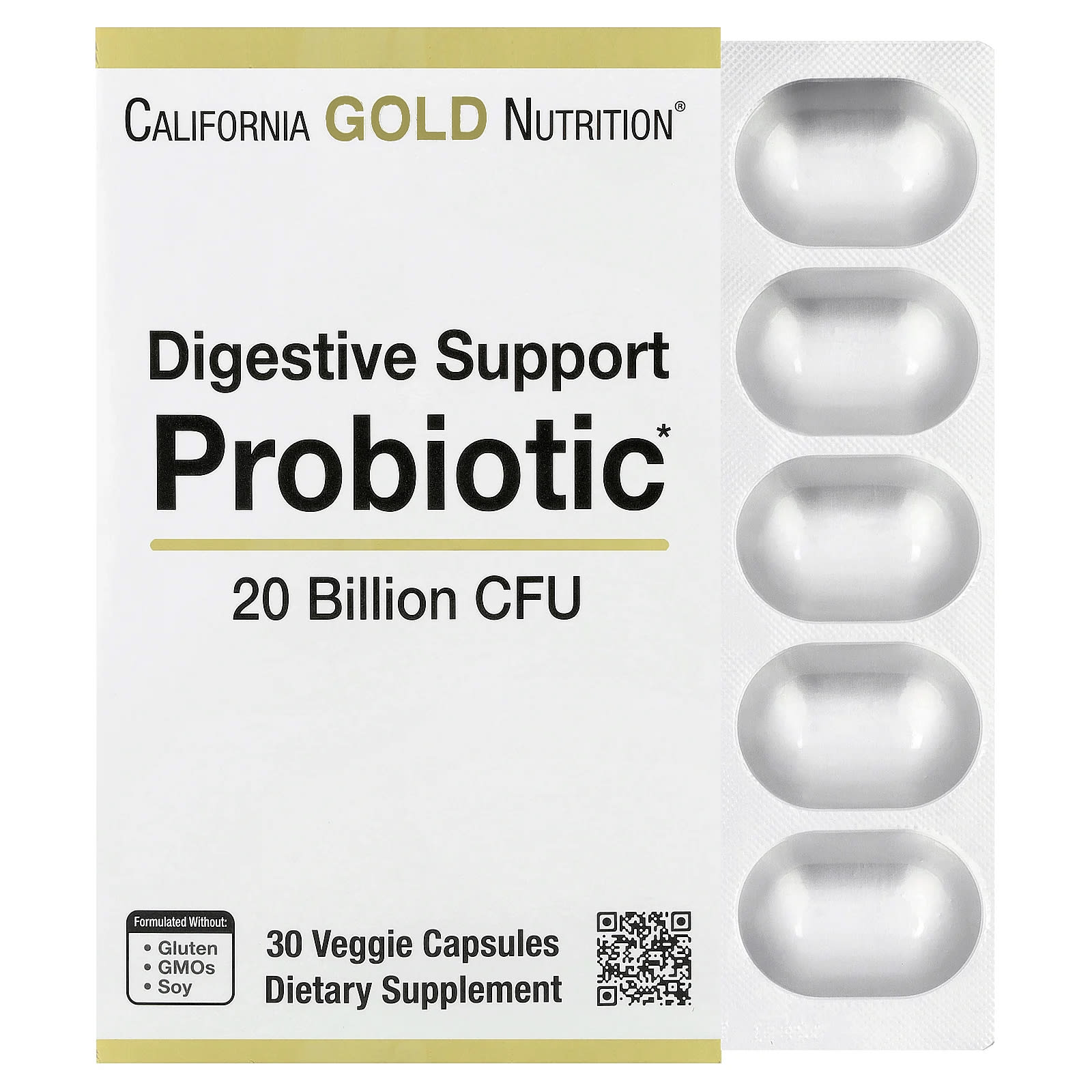 Лактобактерии California Gold Nutrition Digestive Support Probiotic Probiotic & Prebiotic Blend with rhamnosus GG 20 Billion CFUs, 30 растительных капсул — фото 3
