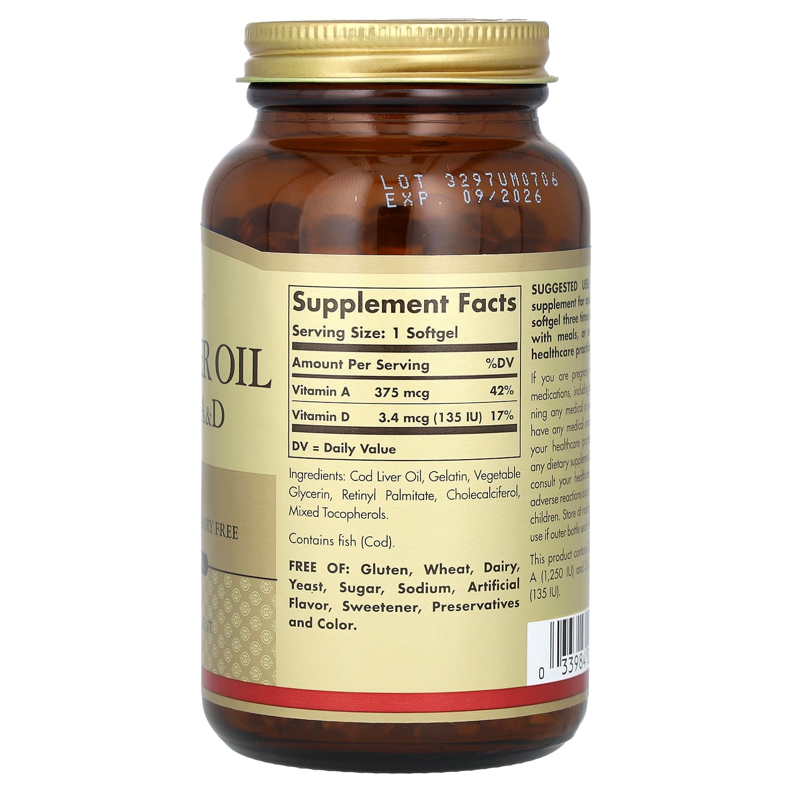 Масло печени трески Solgar Vitamins A & D, 250 мягких капсул — фото 2