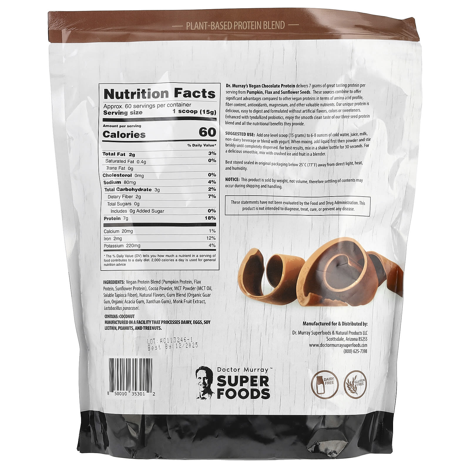 Протеиновый порошок Dr. Murray's Super Foods 3 Seed Pumpkin Flax Sunflower, вкус Chocolate, 908 г — фото 2
