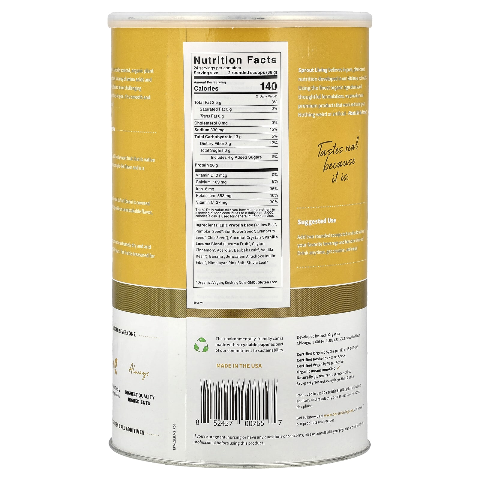 Растительный протеин Sprout Living Epic Protein® Organic Superfoods, вкус Vanilla Lucuma, 912 г — фото 2