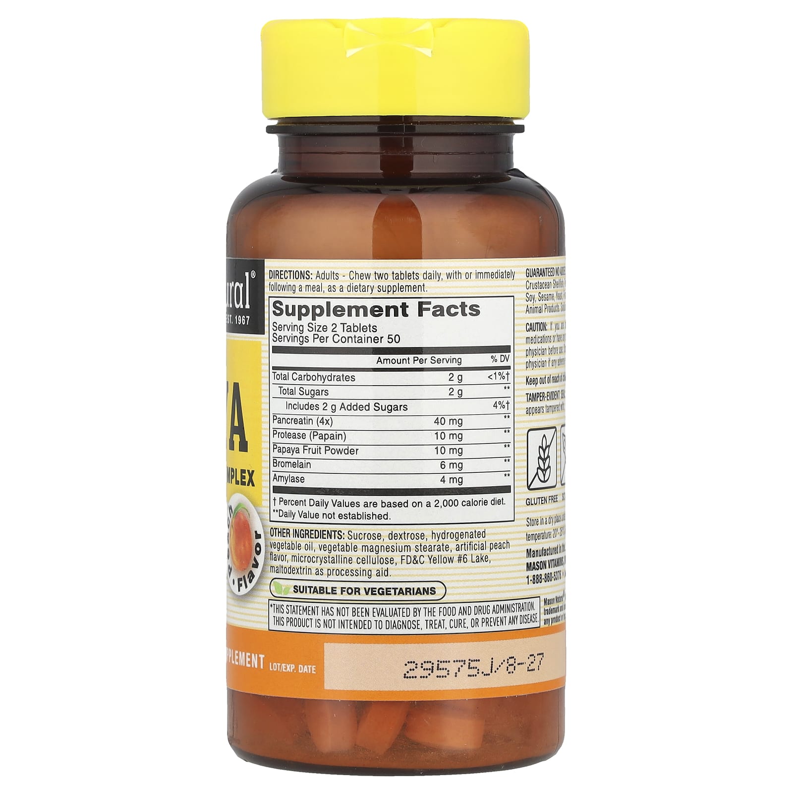 Фермент для пищеварения Mason Natural Chewable Papaya Complex, вкус Peach, 100 жевательных таблеток — фото 2