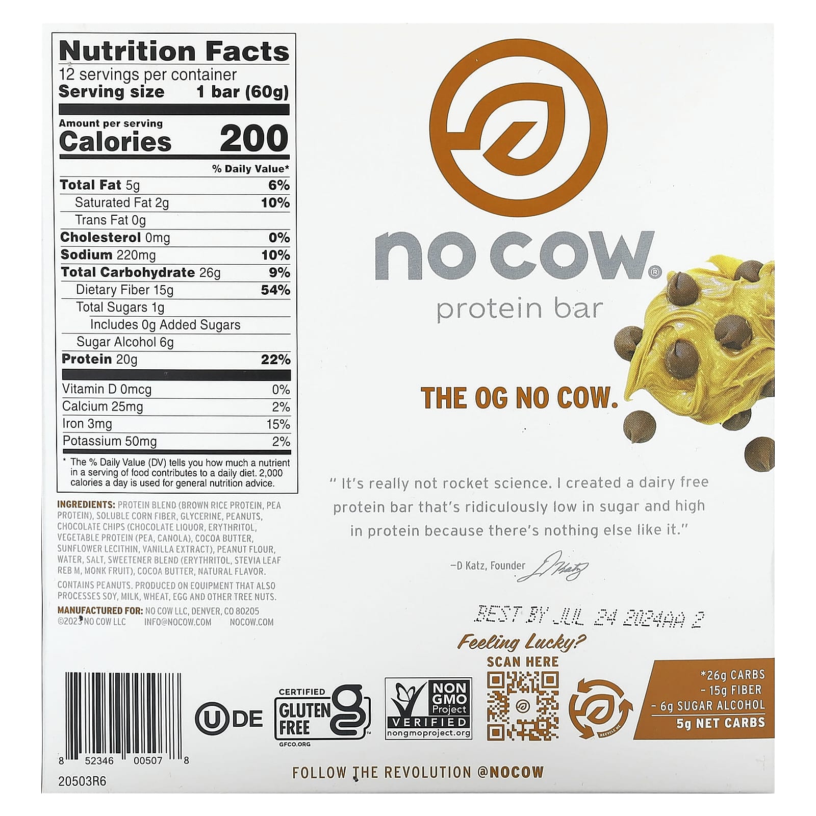 Арахисовая паста No Cow Protein Bar, вкус Peanut Butter Chocolate Chip, 60 г, 12 шт., батончик — фото 3