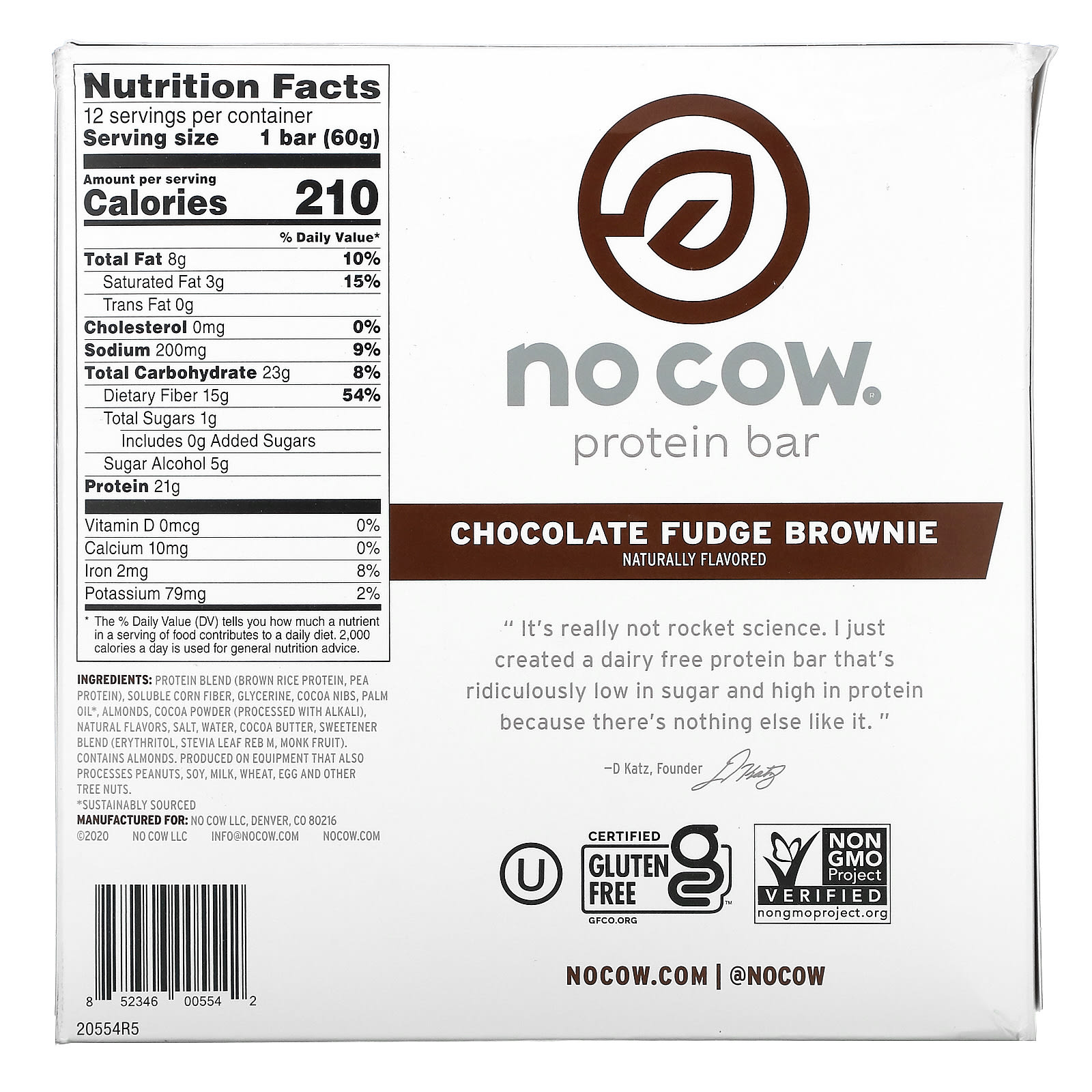 Протеиновый батончик No Cow, вкус Chocolate Fudge Brownie, 60 г, 12 шт. — фото 2
